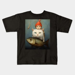 Boy, Cat and fish Kids T-Shirt